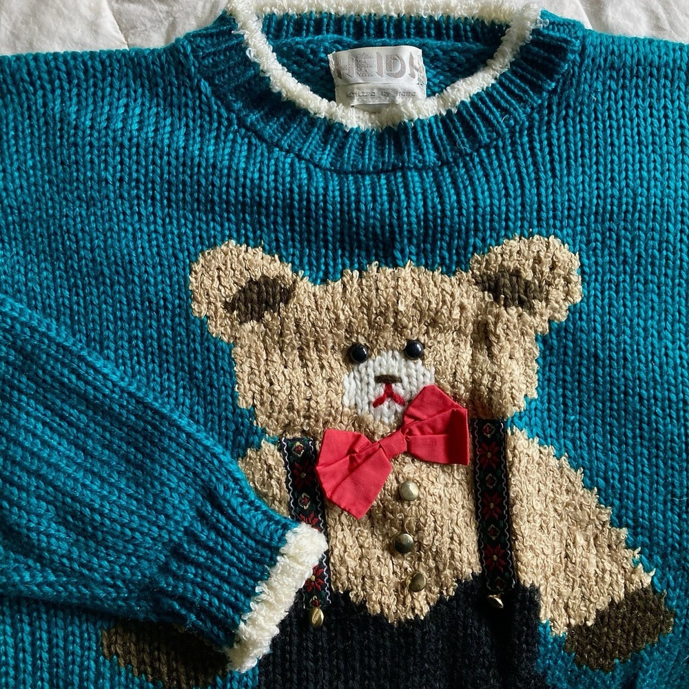 Vtg 90s Heidi Hand Knit Crew Sweater Christmas Teddy Bear 3D Teal Green Womens M